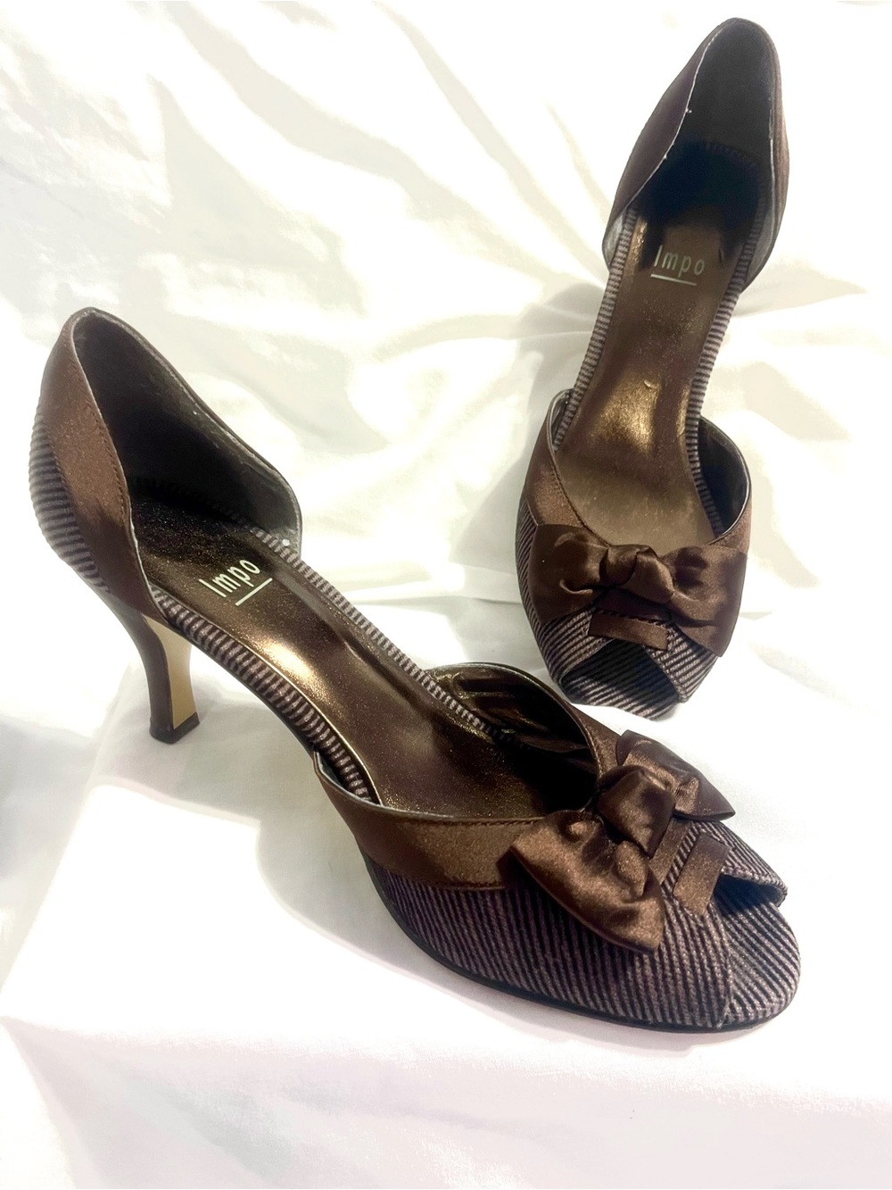 Impo Chocolate Brown Satin Peep-Toe Heels with Bow Accent